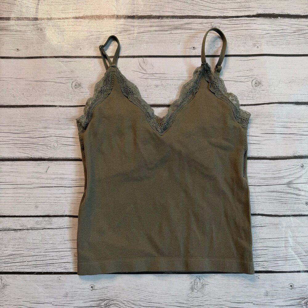 Olive green lace trim camisole tank top